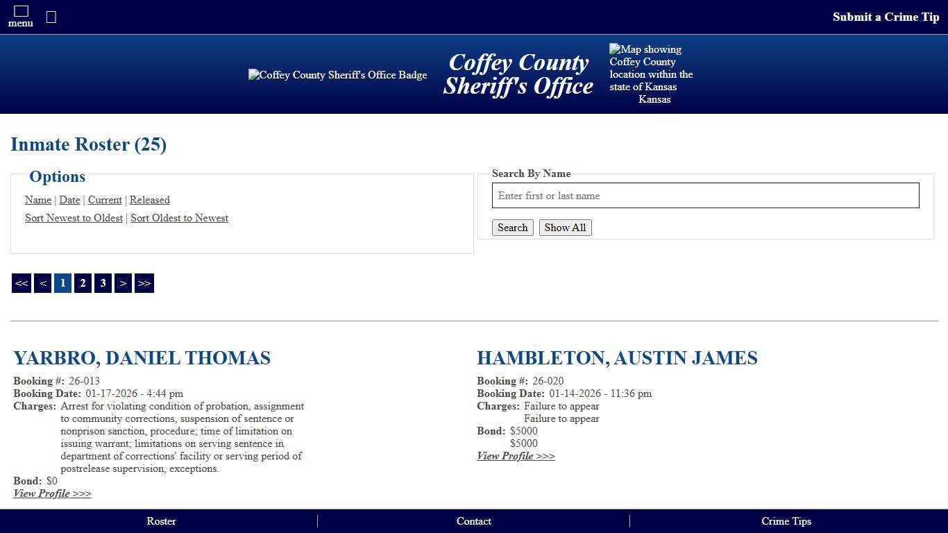 Inmate Roster - Current Inmates Booking Date Descending - Coffey County Sheriff's Office | Kansas